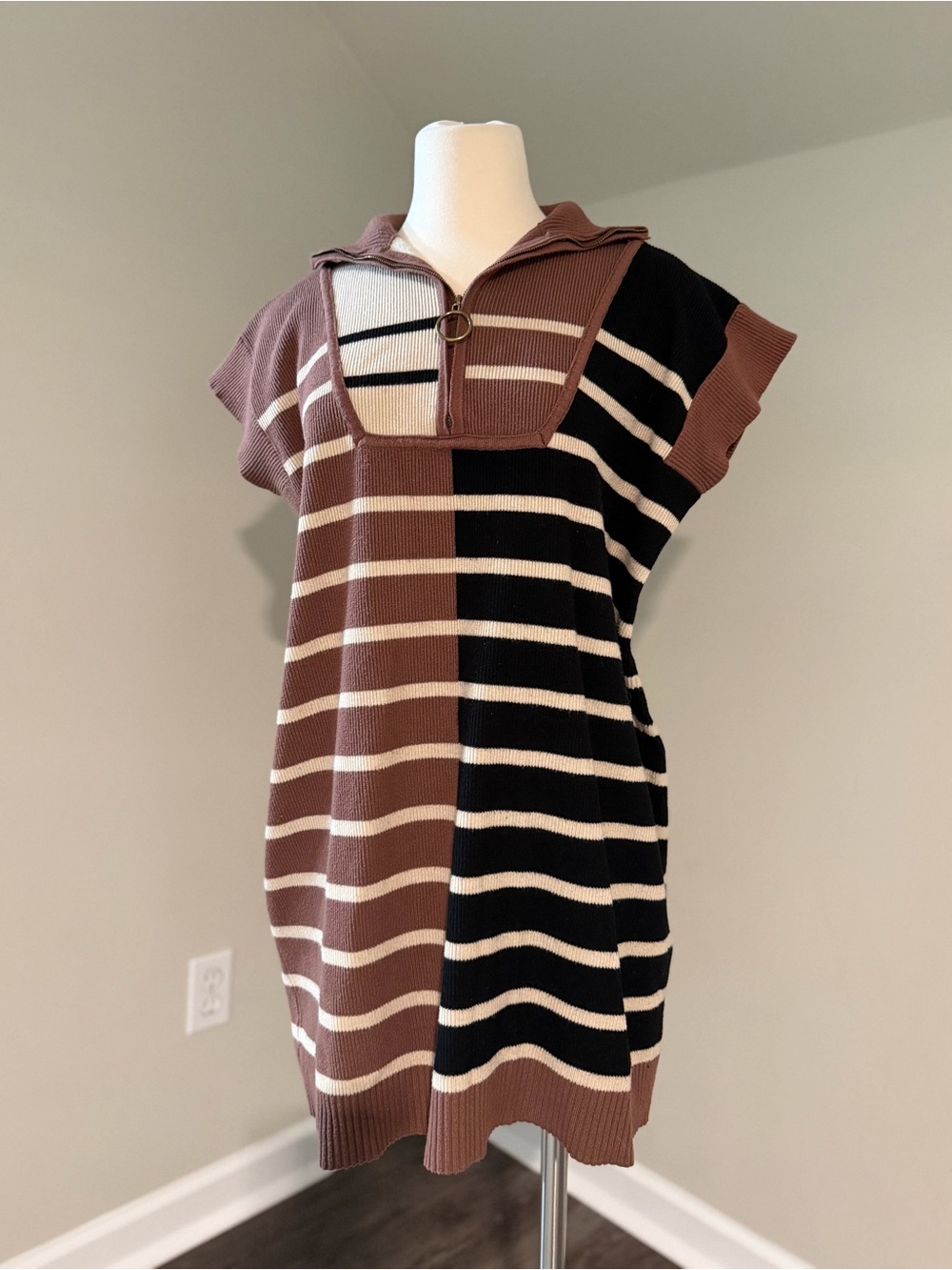 Boutique Color Block Dress - Zip Up, Stripe, Mini, Ribbed, Brown Black Cream